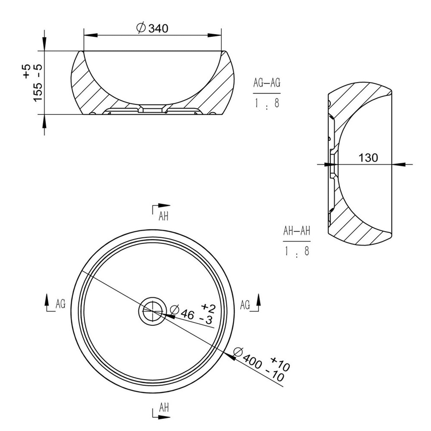 Ajax Hatcliffe Stone Effect Round Ceramic 400mm Countertop Basin dimensions