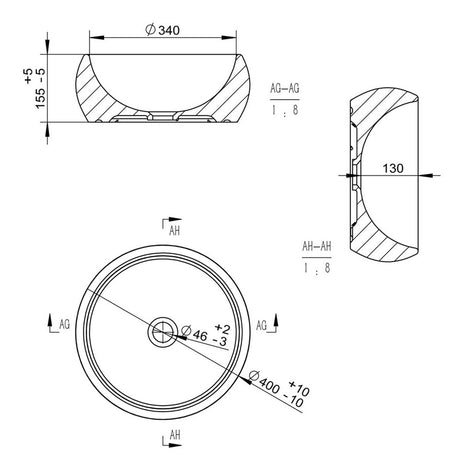 Ajax Hatcliffe Stone Effect Round Ceramic 400mm Countertop Basin dimensions
