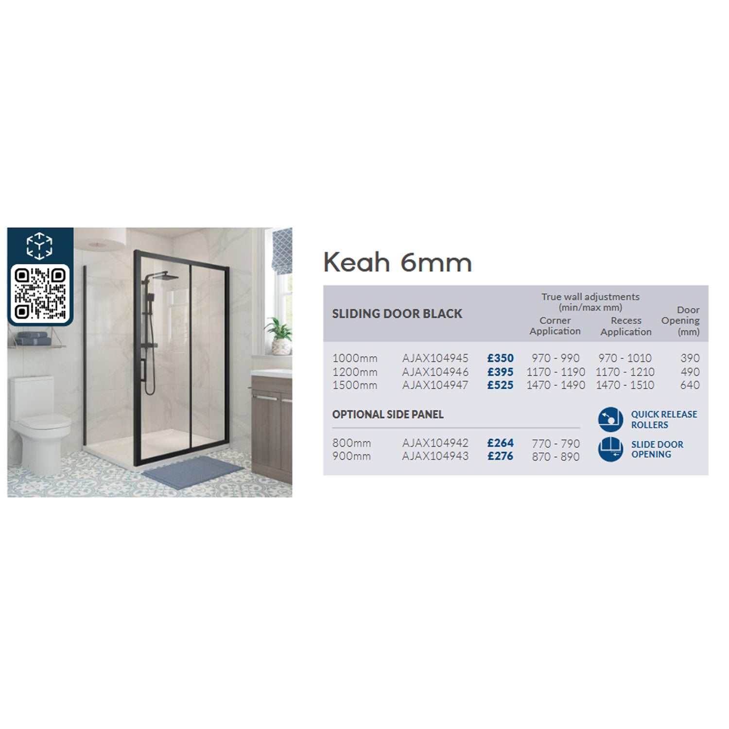 Ajax Keah 6mm Black Sliding Shower Door Side Panel adjustments