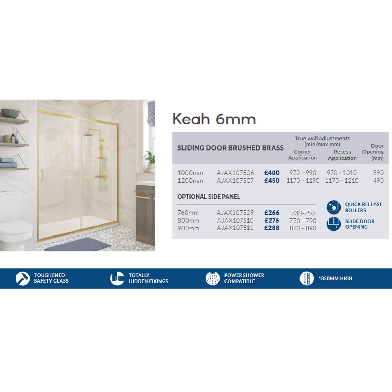 Ajax Keah 6mm Brushed Brass Sliding Shower Door Side Panel Adjustments