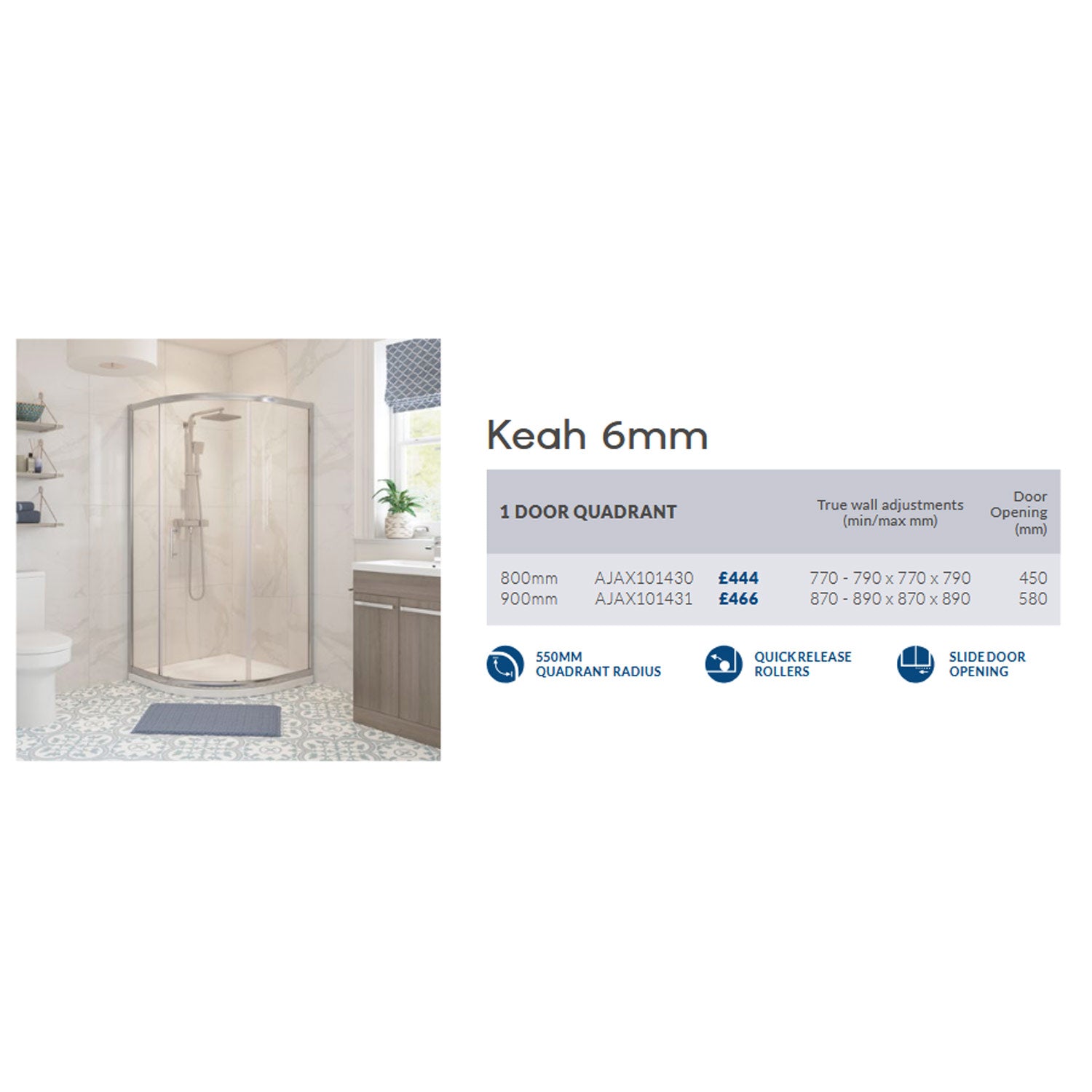 Ajax Keah One Door Quadrant Shower Enclosure in Chrome adjustments