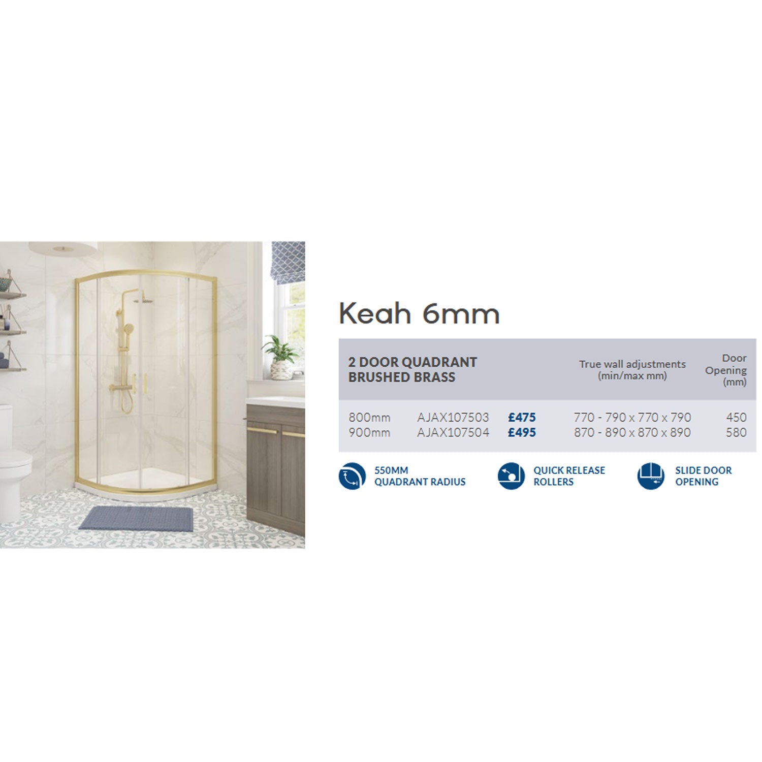 Ajax Keah Two Door Quadrant Shower Enclosure in Brushed Brass adjustments