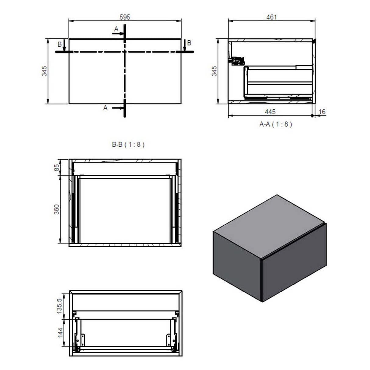 Ajax Kelsey Wall Hung 600mm Storage Drawer Unit in White Marble unit dimensions