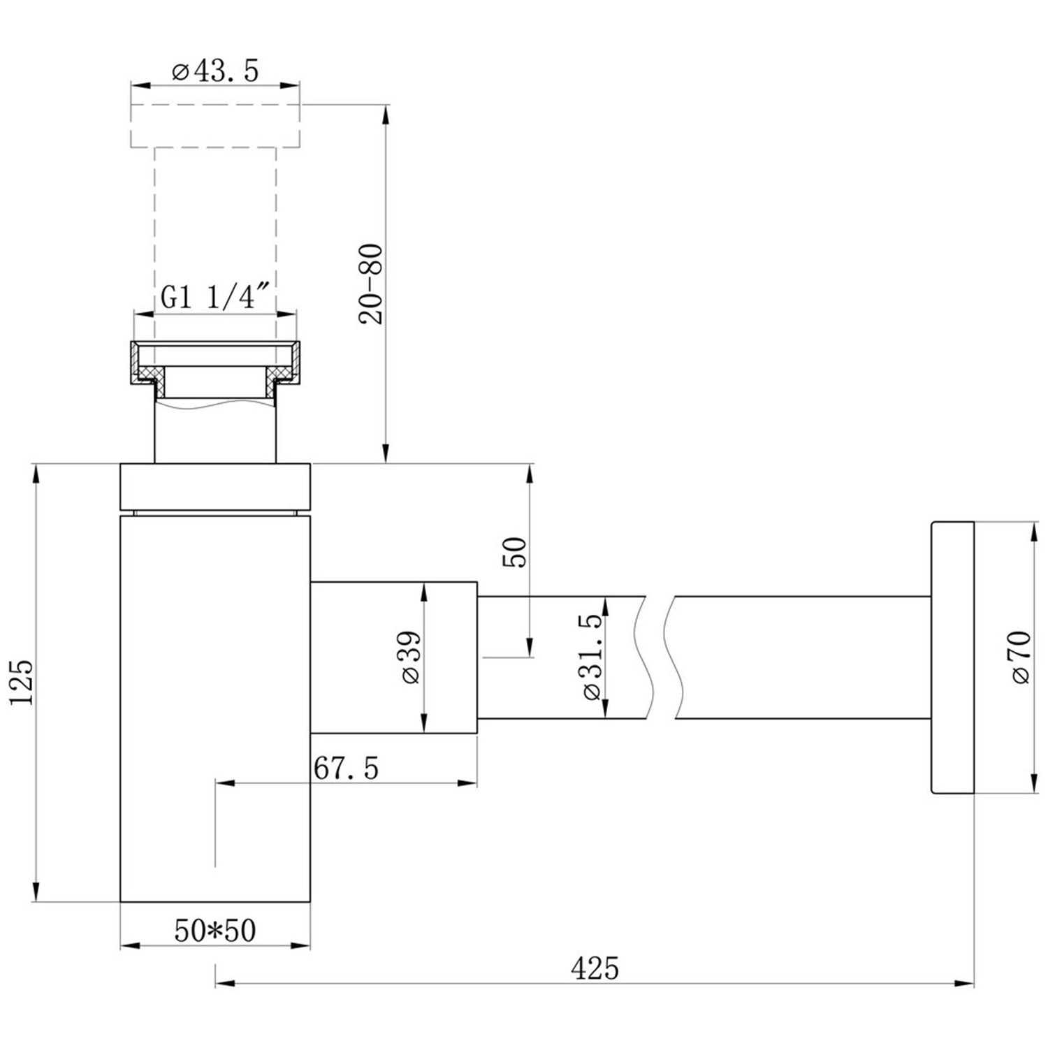 Ajax Modern Squared Bottle Trap in Chrome dimensions