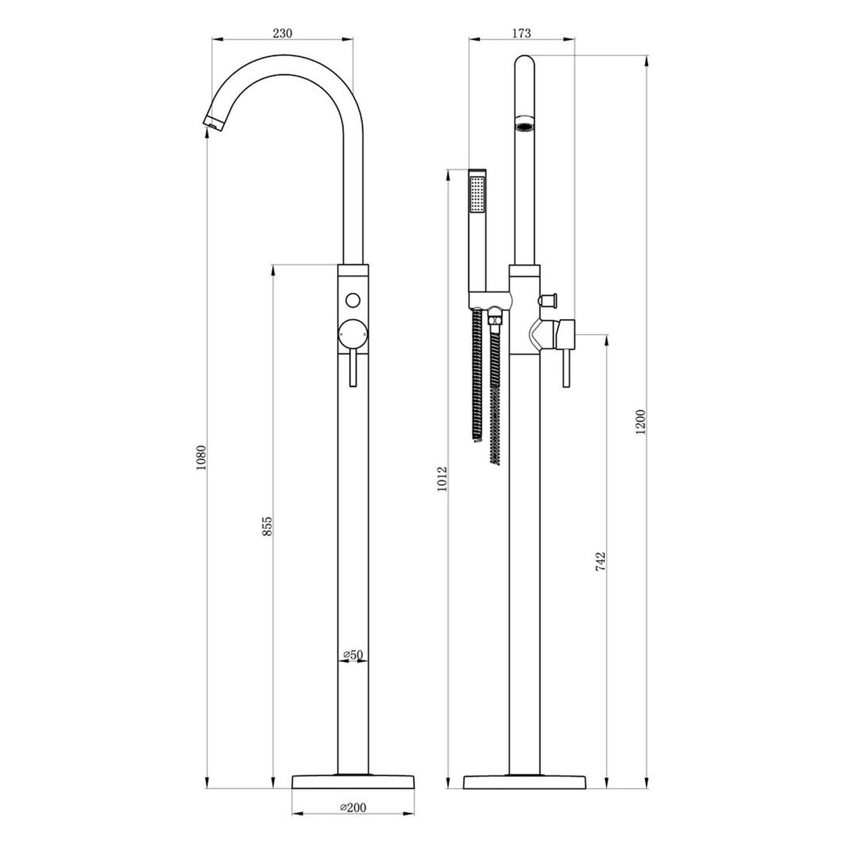 Ajax Ouse Floor Standing Bath Shower Mixer in Chrome dimensions