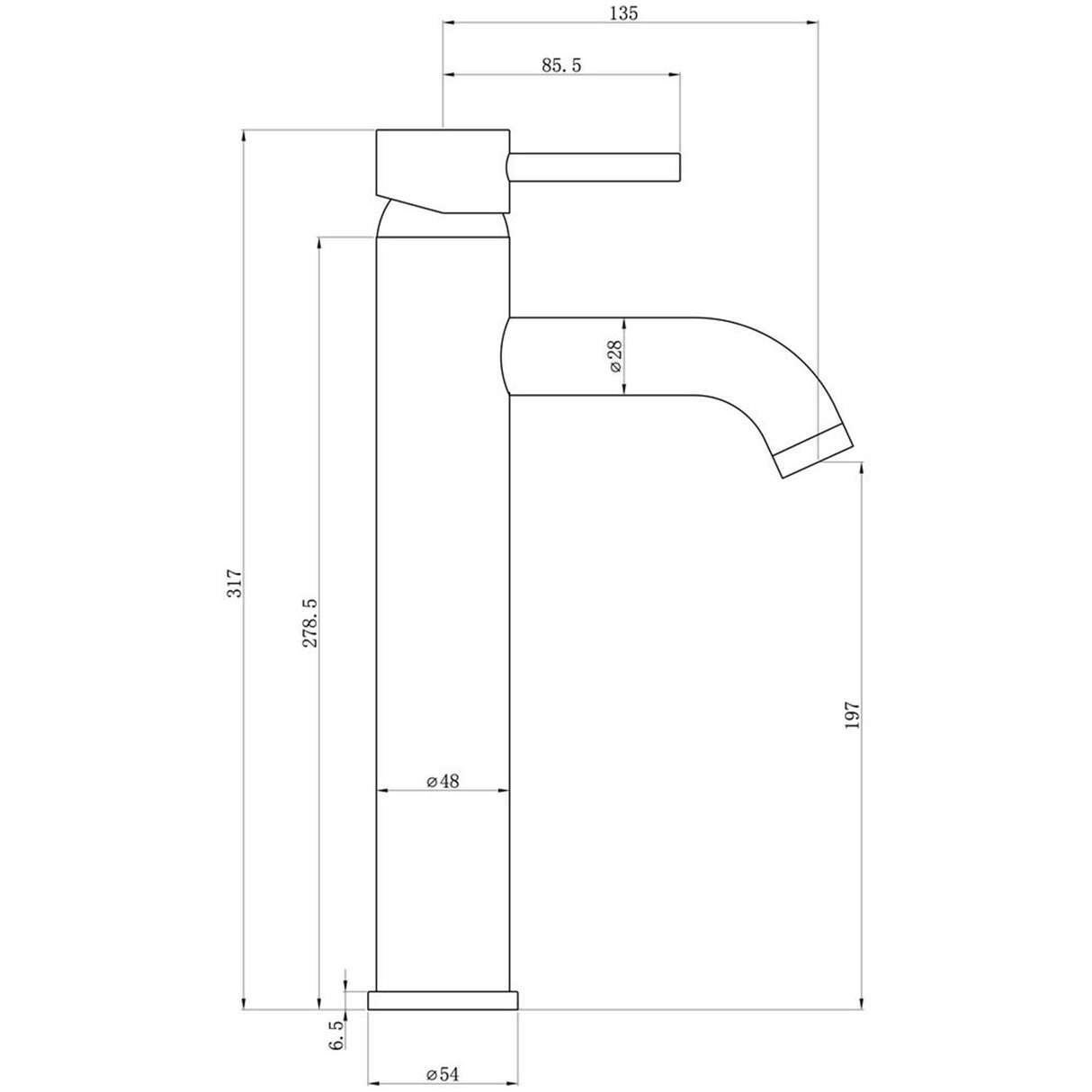 Ajax Ouse Tall Basin Mixer In Chrome dimensions