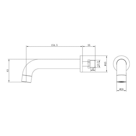 Ajax Ouse Wall Mounted Basin Mixer with 155mm Spout in Brushed Brass dimensions