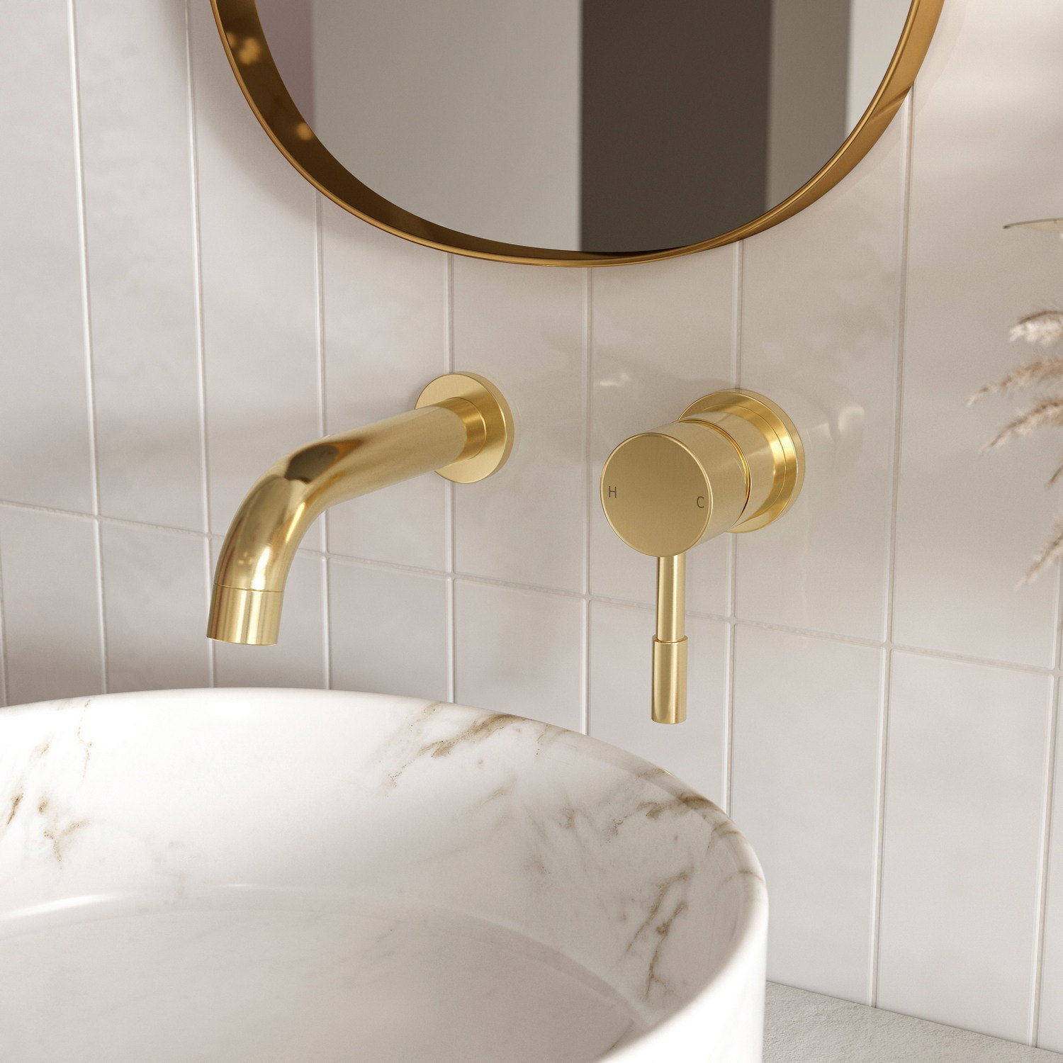 Ajax Ouse Wall Mounted Basin Mixer with 155mm Spout in Brushed Brass lifestyle