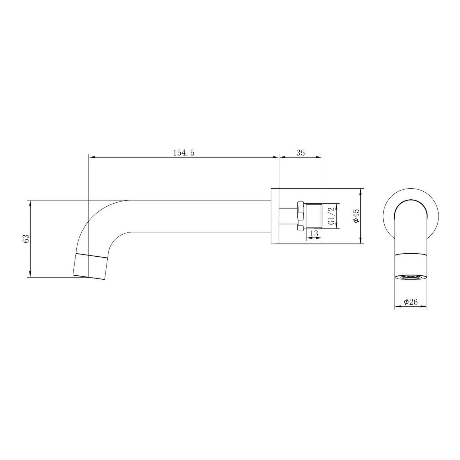 Ajax Ouse Wall Mounted Basin Mixer with 155mm Spout in Brushed Bronze dimensions