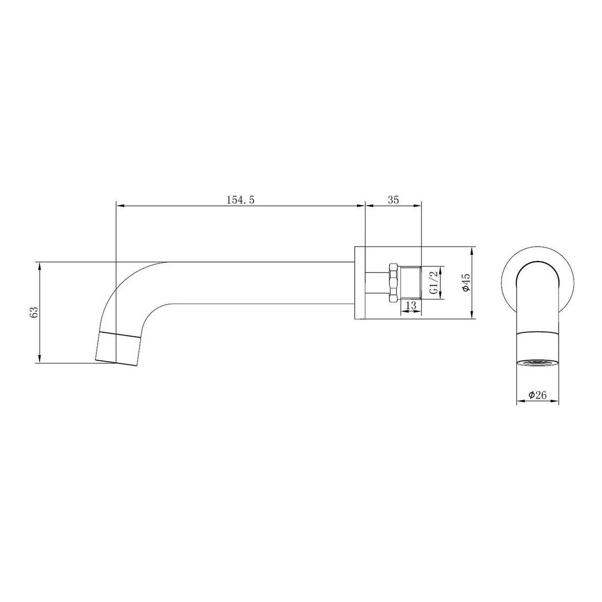 Ajax Ouse Wall Mounted Basin Mixer with 155mm Spout in Chrome dimensions