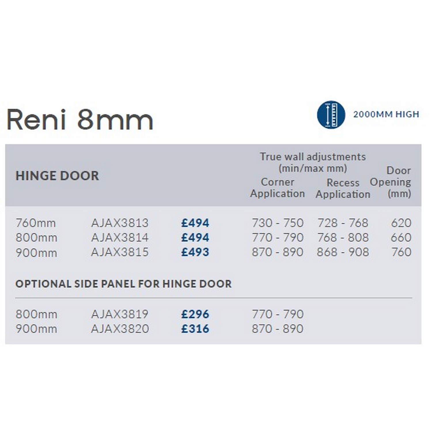 Ajax Reni 8mm Chrome Hinged Shower Door AJAX3813 dimensions