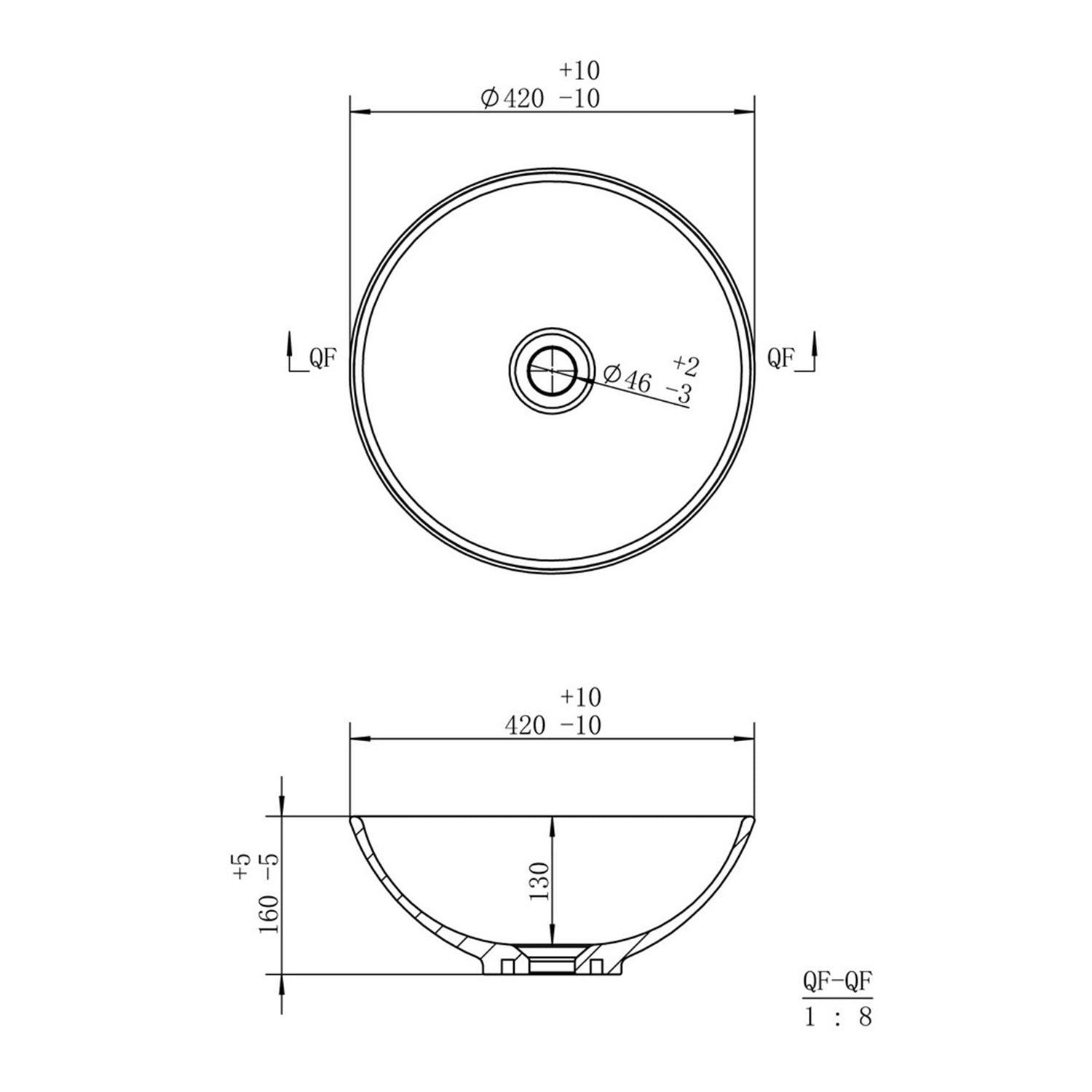 Ajax Swallow Round 410mm Ceramic Countertop Basin dimensions