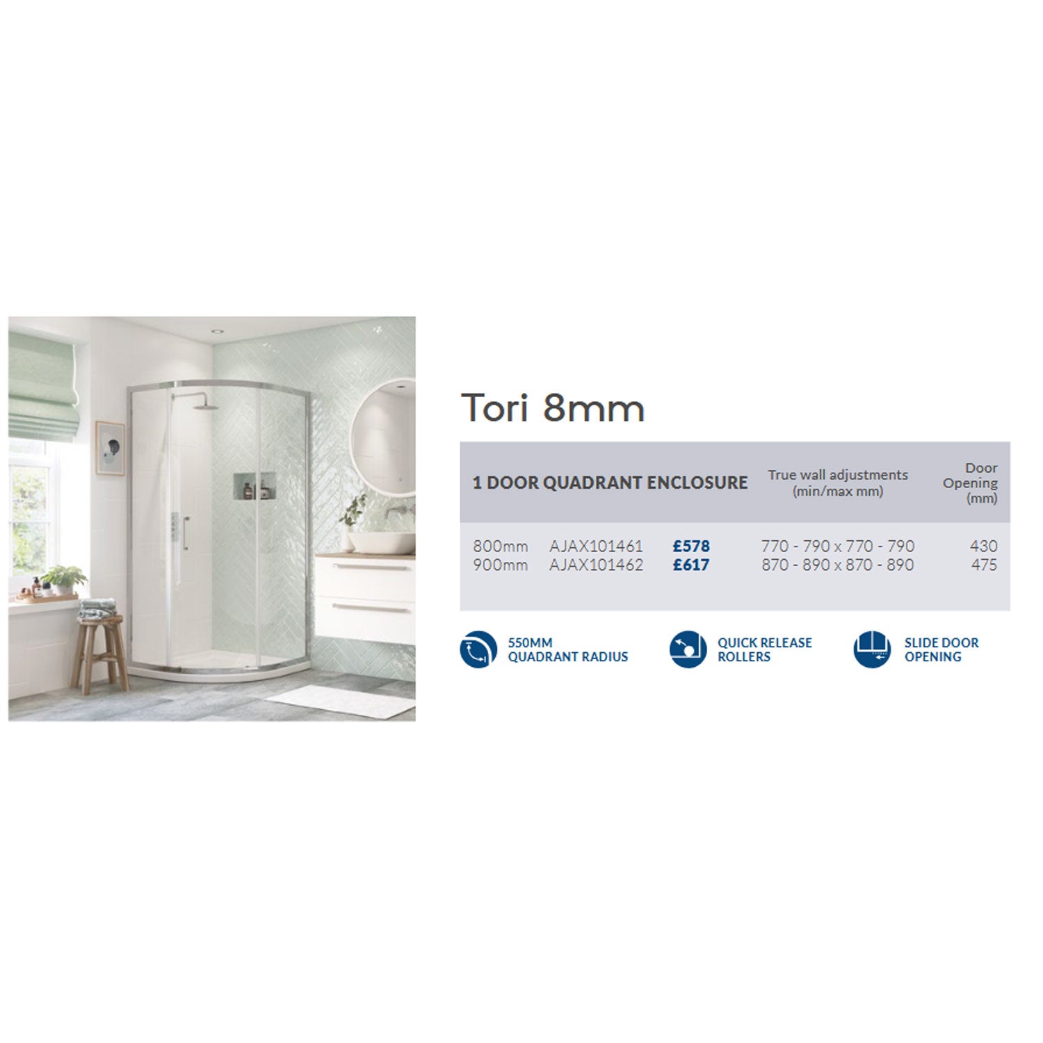 Ajax Tori 8mm One Door Quadrant Shower Enclosure in Chrome adjustments