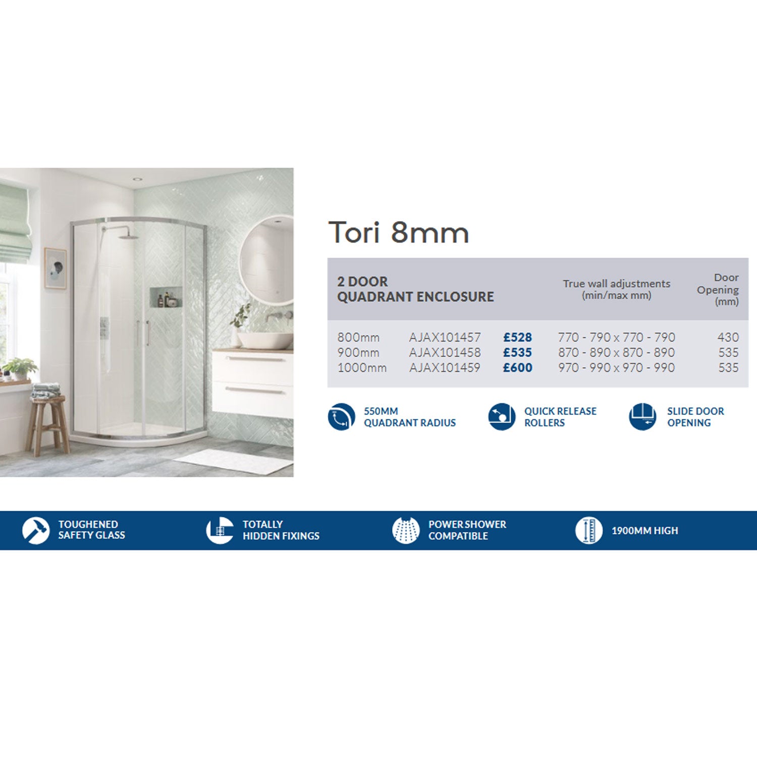 Ajax Tori Two Door Quadrant Shower Enclosure in Chrome adjustments