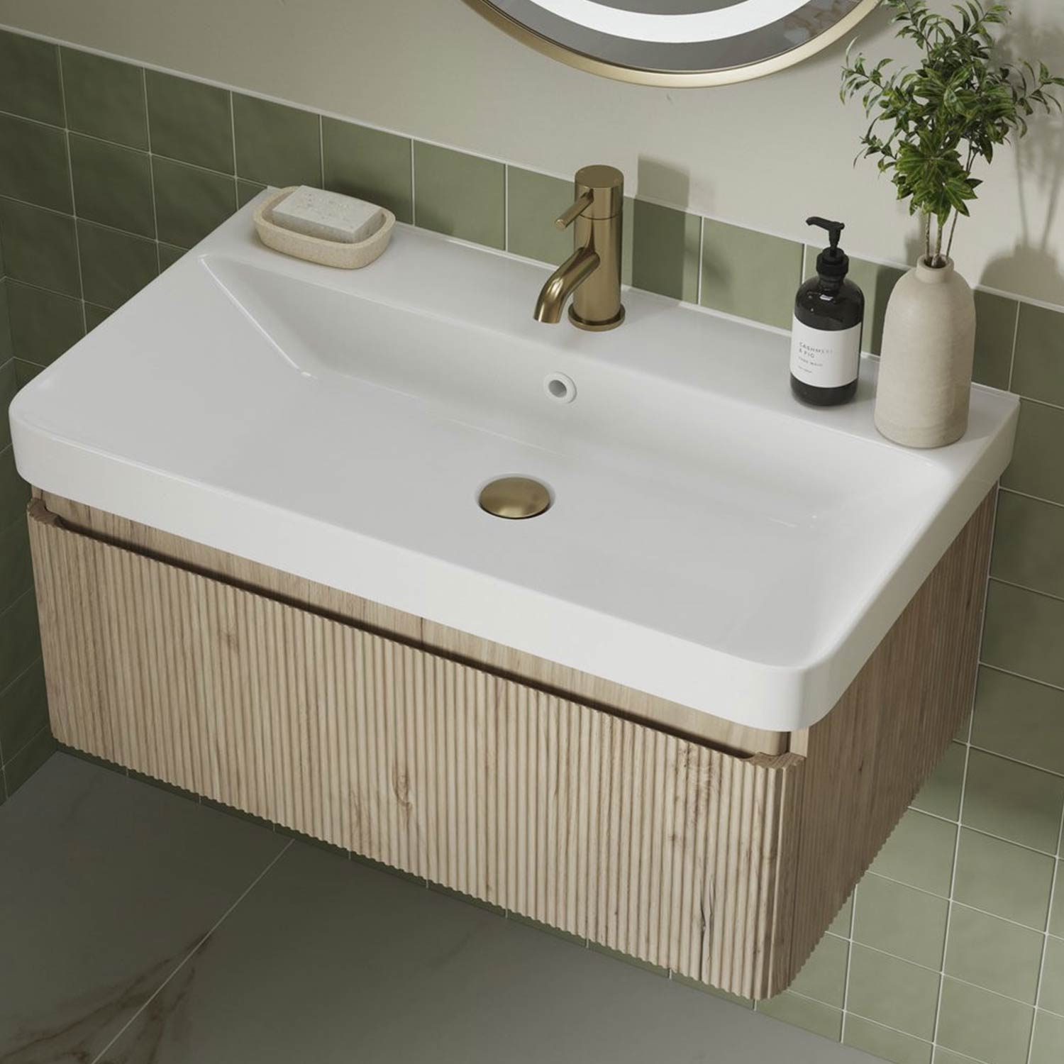 Ajax Torrington Wall Hung Vanity Unit with Basin in Textured Oak lifestyle 2