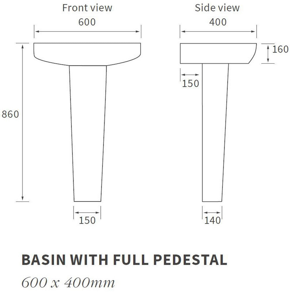 Ajax Weelsby 600mm 1TH Basin and Full Pedestal size chart
