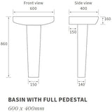 Ajax Weelsby 600mm 1TH Basin and Full Pedestal size chart