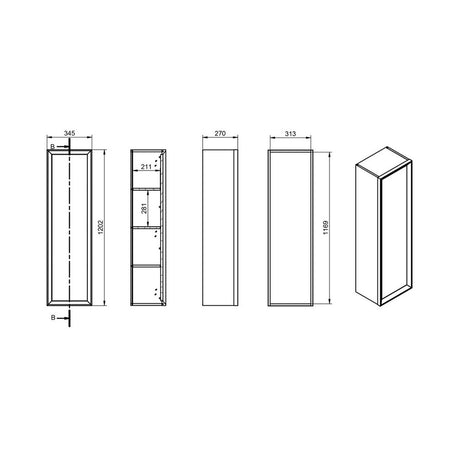 Ajax Yarborough 345mm Wall Hung Tallboy Unit in Matt Storm Blue dimensions