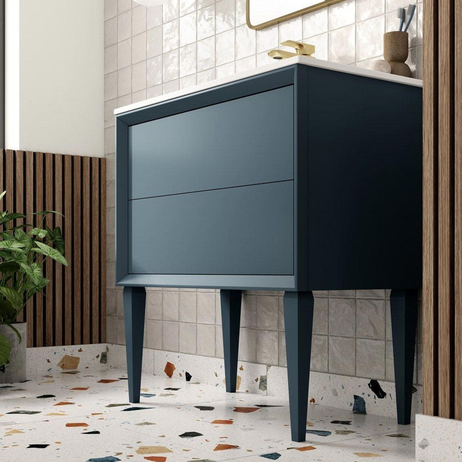 Ajax Yarborough 615mm Wall Hung Vanity Unit with 0TH Basin in Matt Storm Blue lifestyle legs
