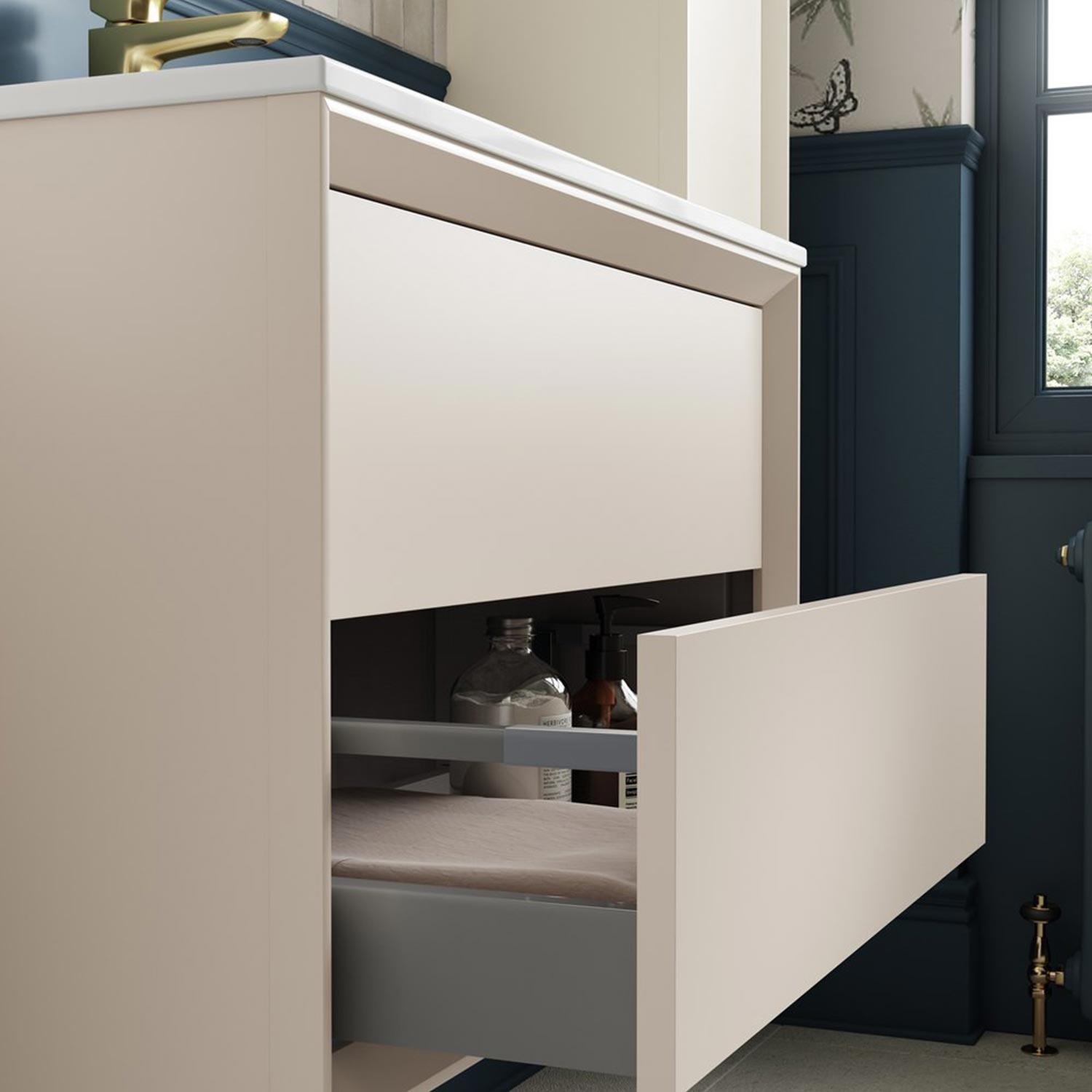 Ajax Yarborough 615mm Wall Hung Vanity Unit with 1TH Basin in Matt Cotton lifestyle  drawers