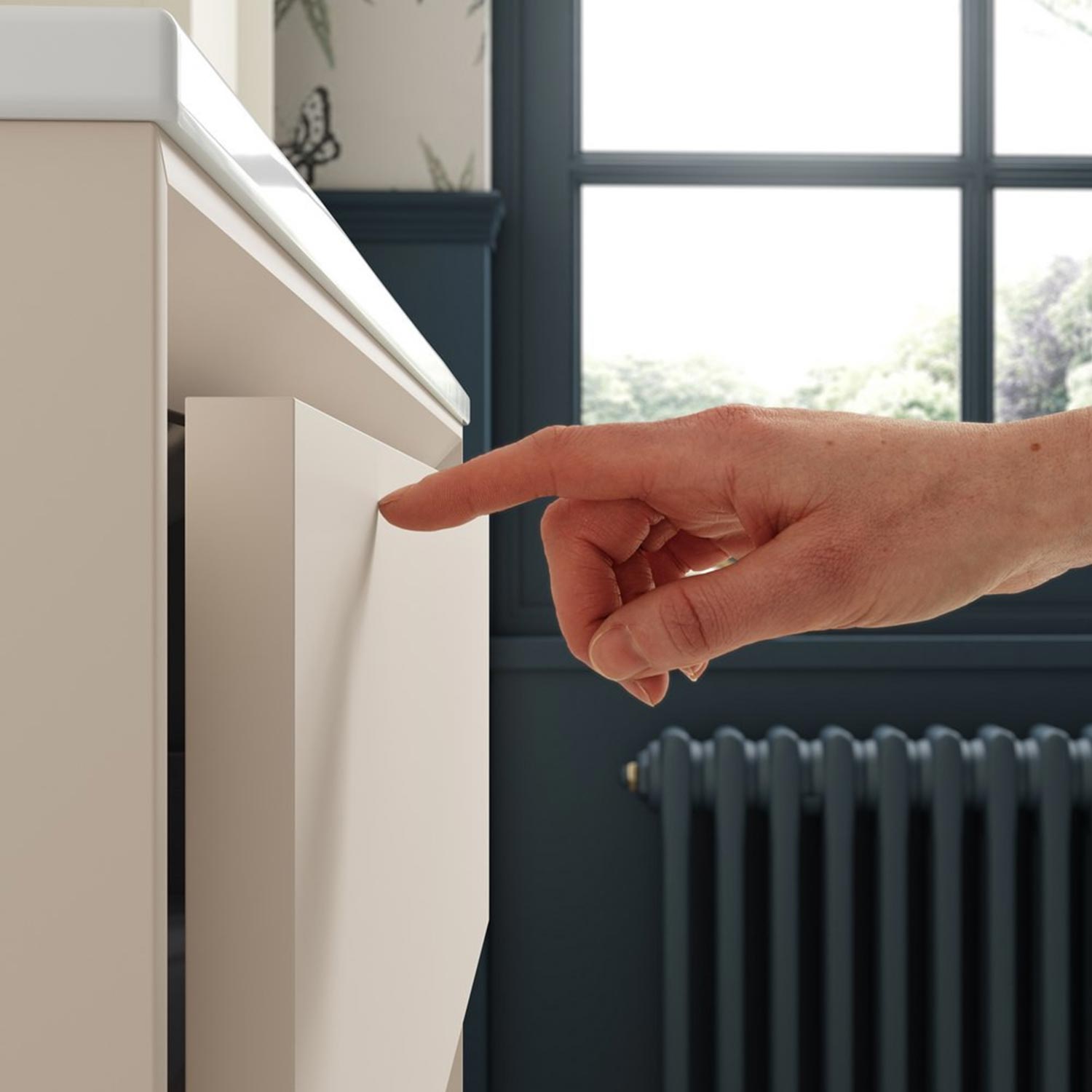 Ajax Yarborough 815mm Wall Hung Vanity Unit with 1TH Basin in Matt Cotton drawers opening