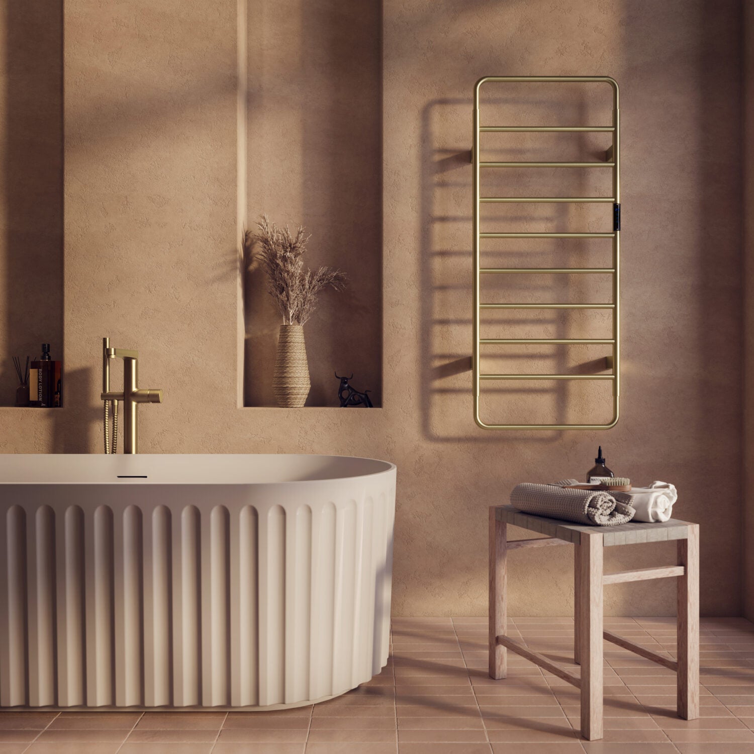 Aura 1200 x 500mm Electric Heated Towel Rail in Brushed Brass lifestyle