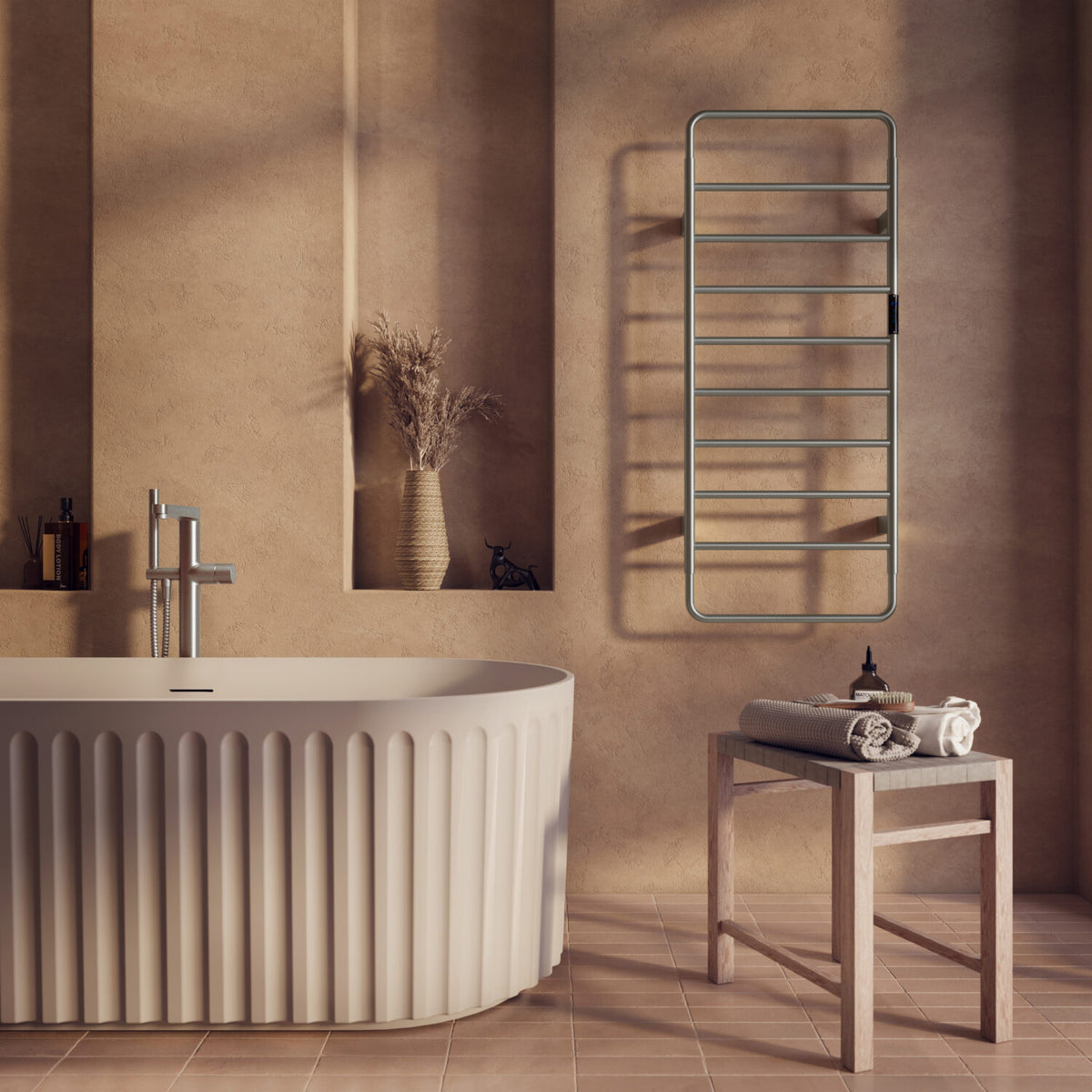 Aura 1200 x 500mm Electric Heated Towel Rail in Brushed Nickel lifestyle