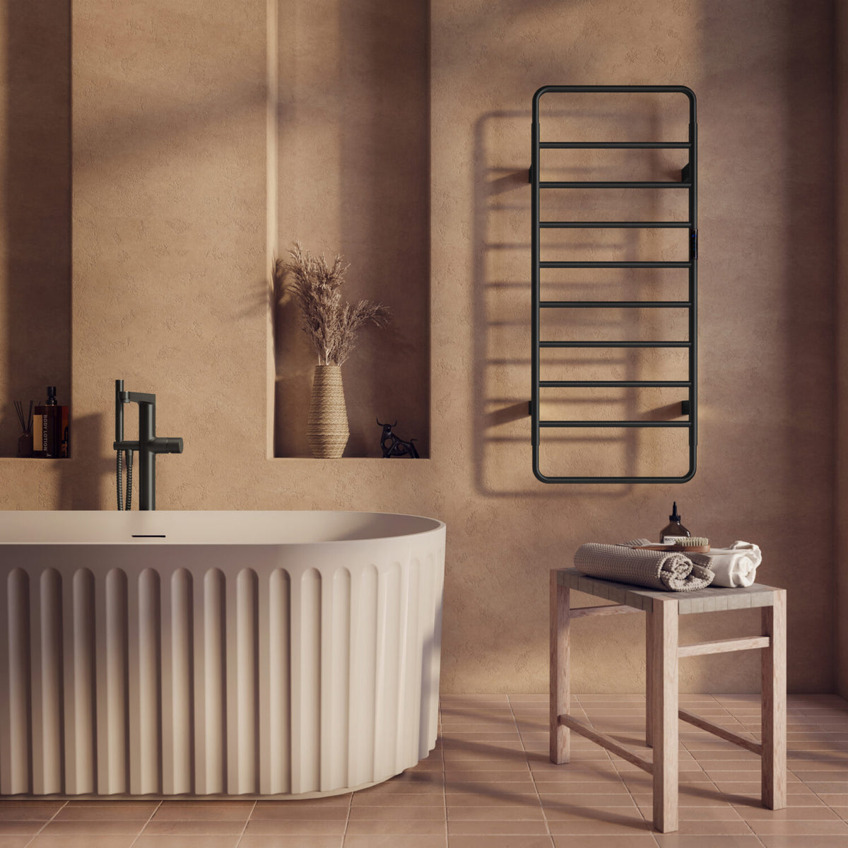 Aura 1200 x 500mm Electric Heated Towel Rail in Matt Black lifestyle
