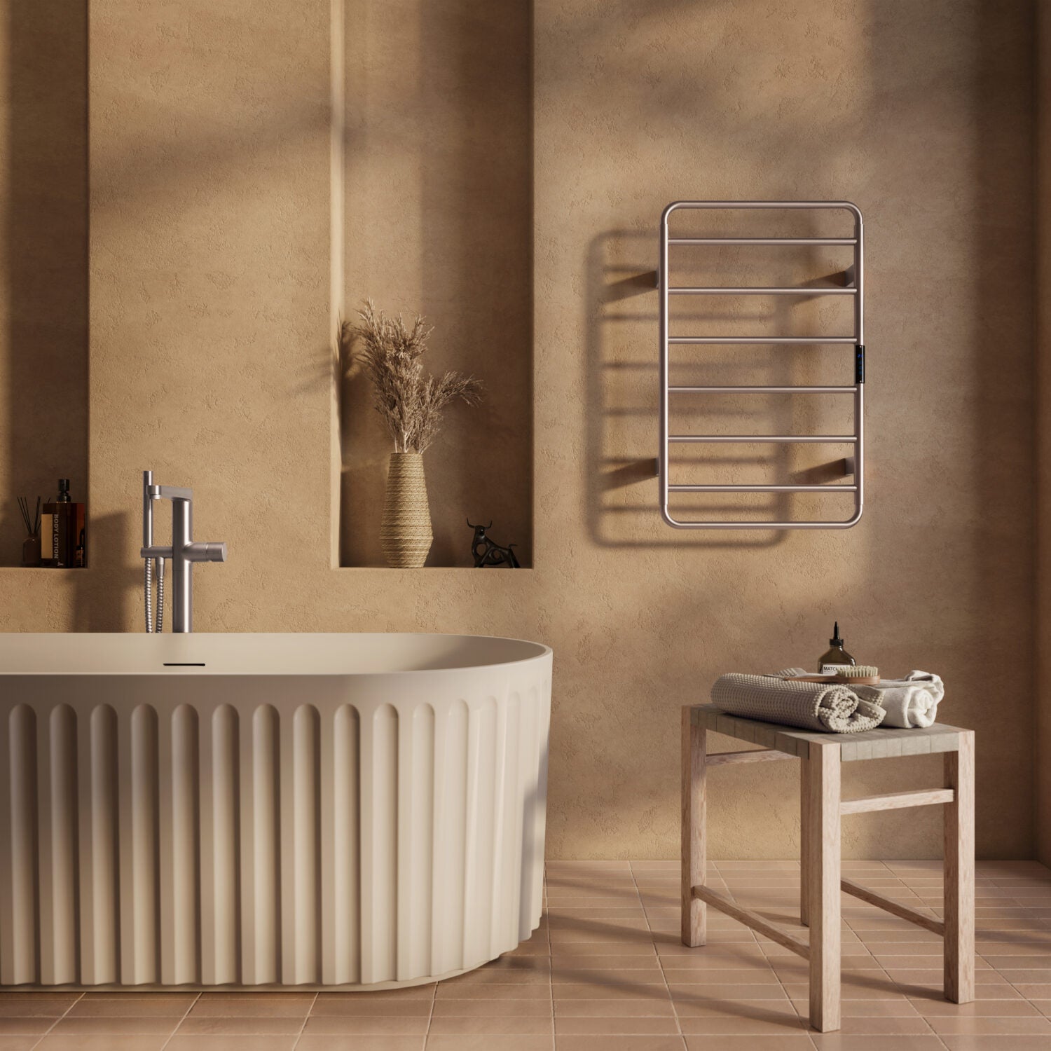 Aura 800 x 500mm Electric Heated Towel Rail in Brushed Nickel lifestyle