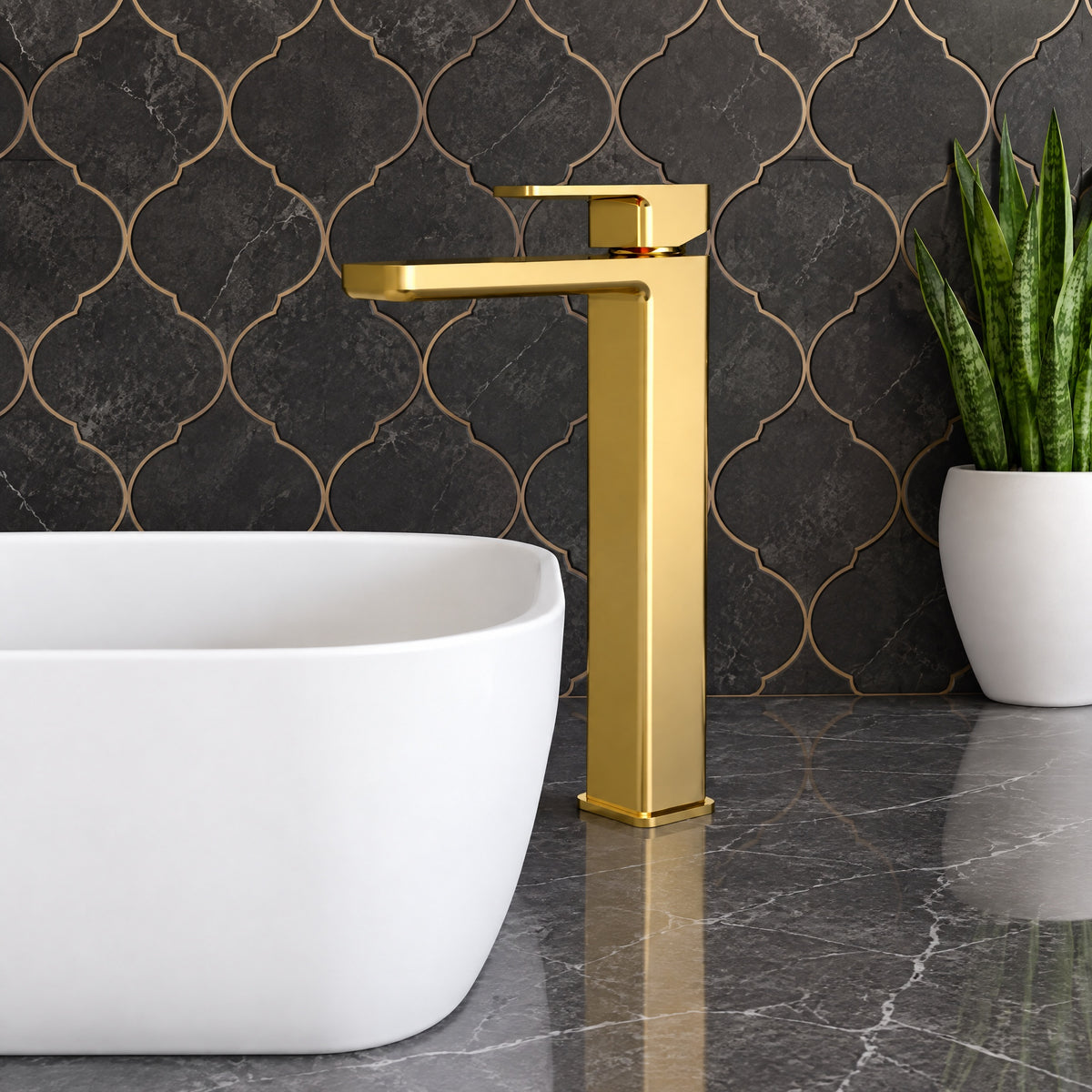 Calvarra Vector High Rise Basin Mixer in Brushed Brass