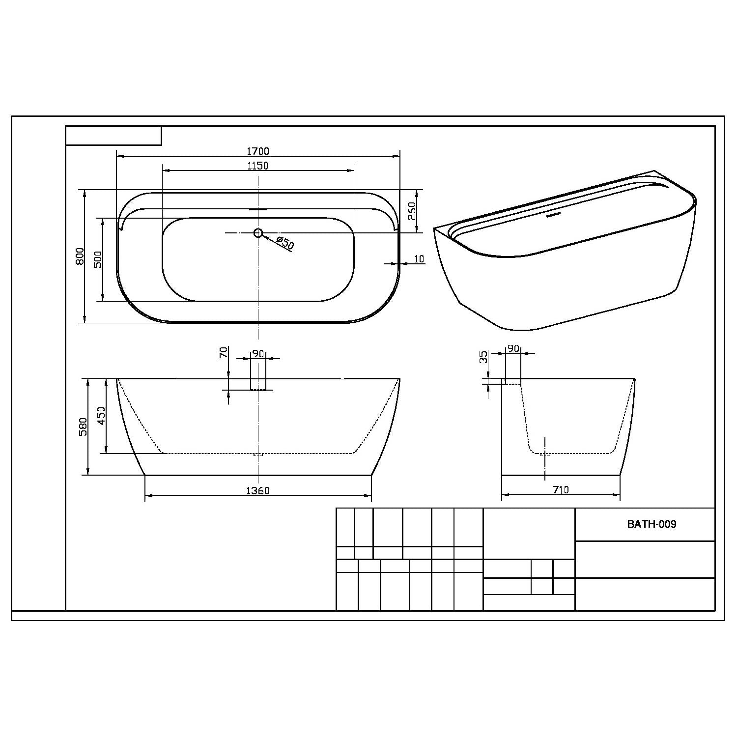Bay 1700 x 800mm Freestanding Back to Wall Bath in Matt Clay line drawing