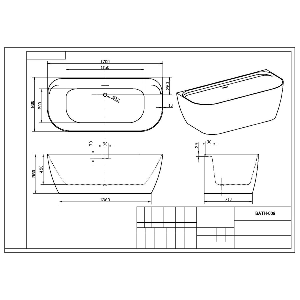 Bay 1700 x 800mm Freestanding Back to Wall Bath in Matt White line drawing