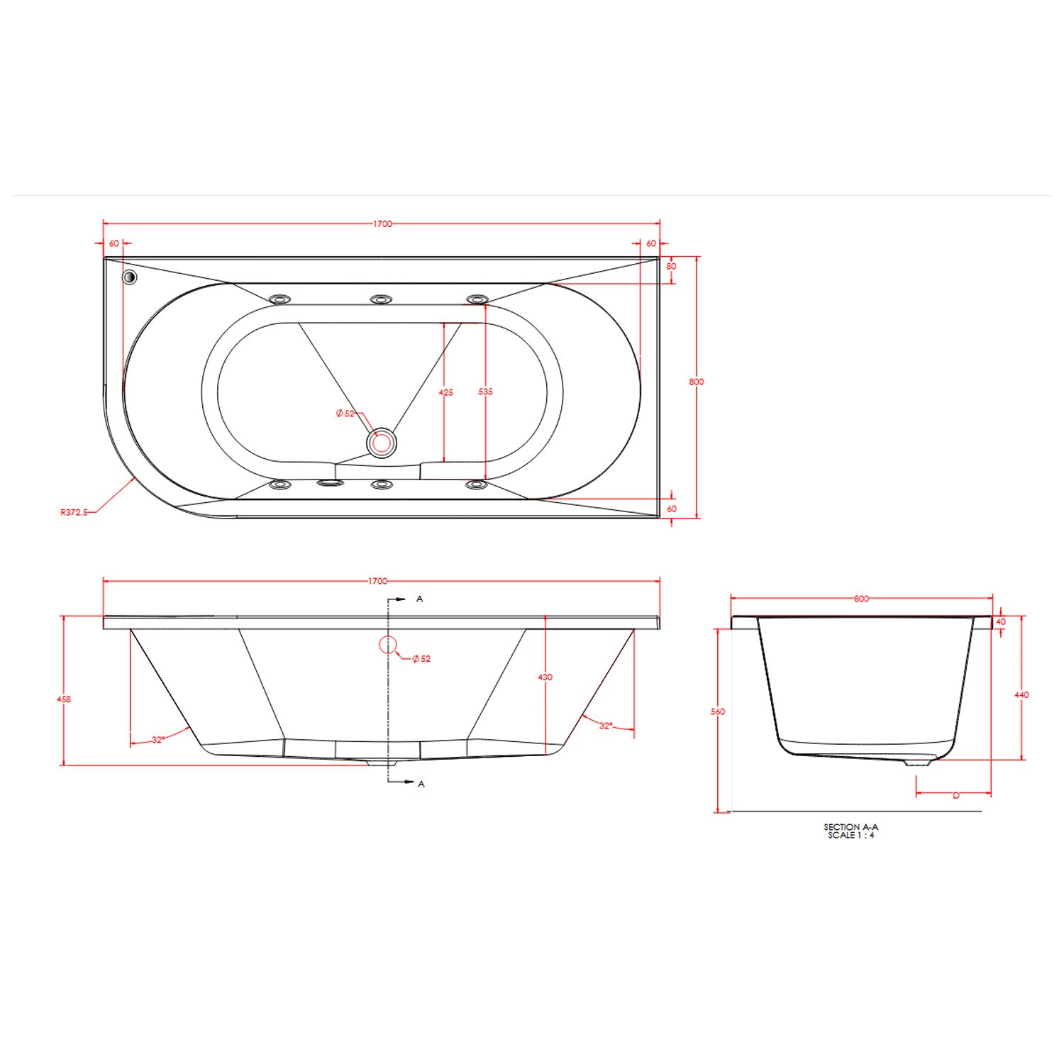 Beaufortè Biscay 1700 x 800mm 6 Jet Whirlpool Double Ended Bath dimensions