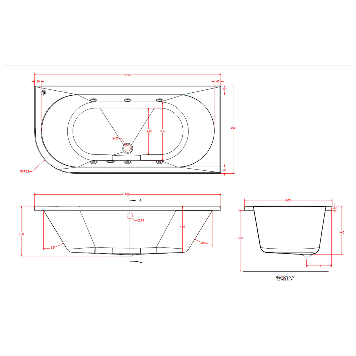 Beaufortè Biscay 1700 x 800mm 6 Jet Whirlpool Double Ended Bath dimensions