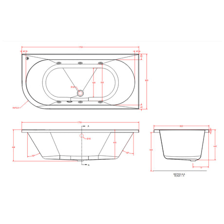Beaufortè Biscay 1700 x 800mm 6 Jet Whirlpool Double Ended Bath dimensions
