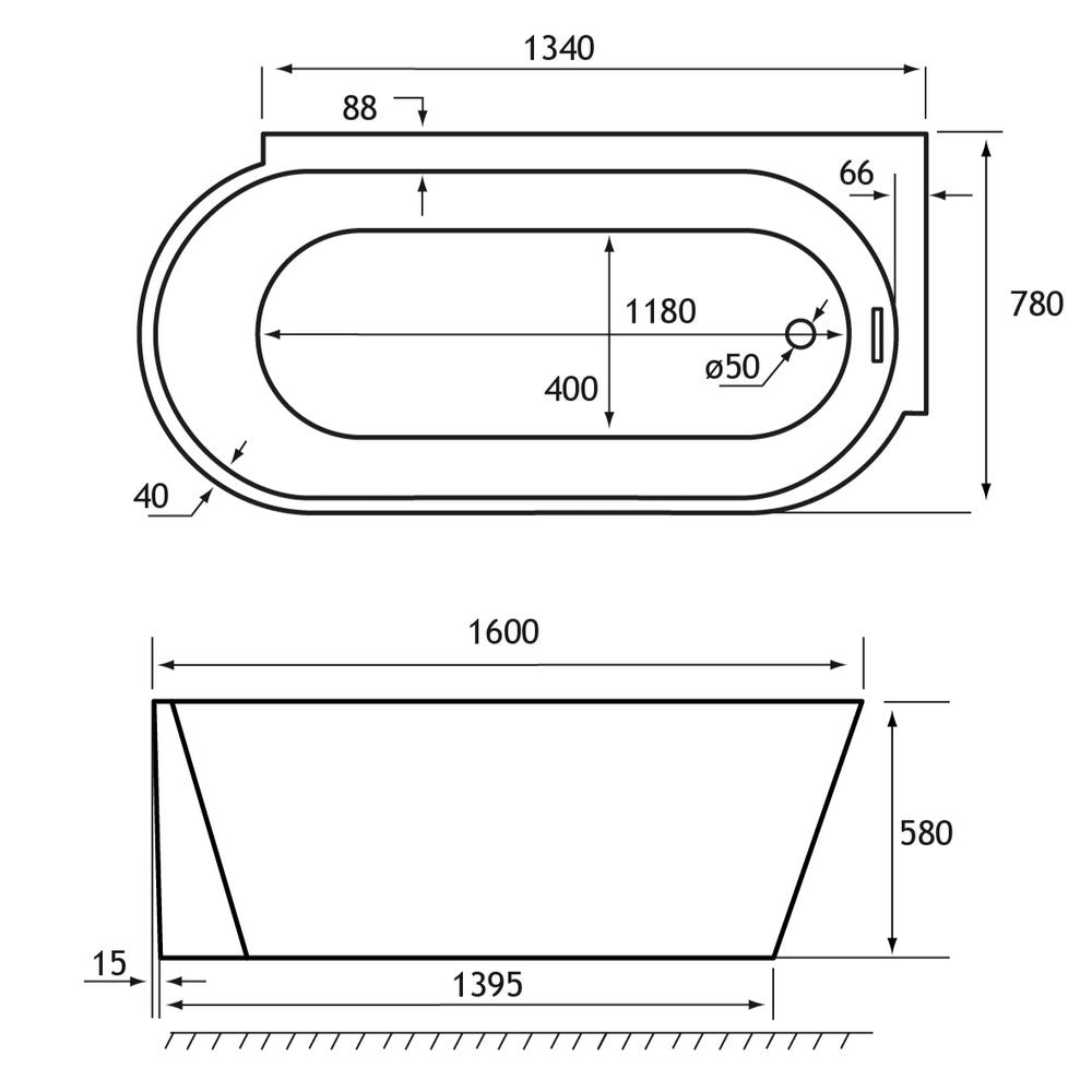 Beaufort Bray 1600 x 780mm Right Handed Freestanding Bath Dimensions