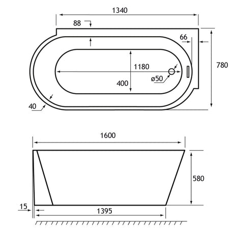 Beaufort Bray 1600 x 780mm Right Handed Freestanding Bath Dimensions