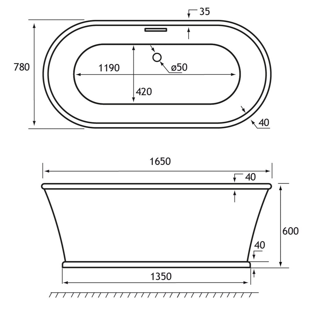 Beaufort Henley 1650 x 780mm Freestanding Bath Dimensions
