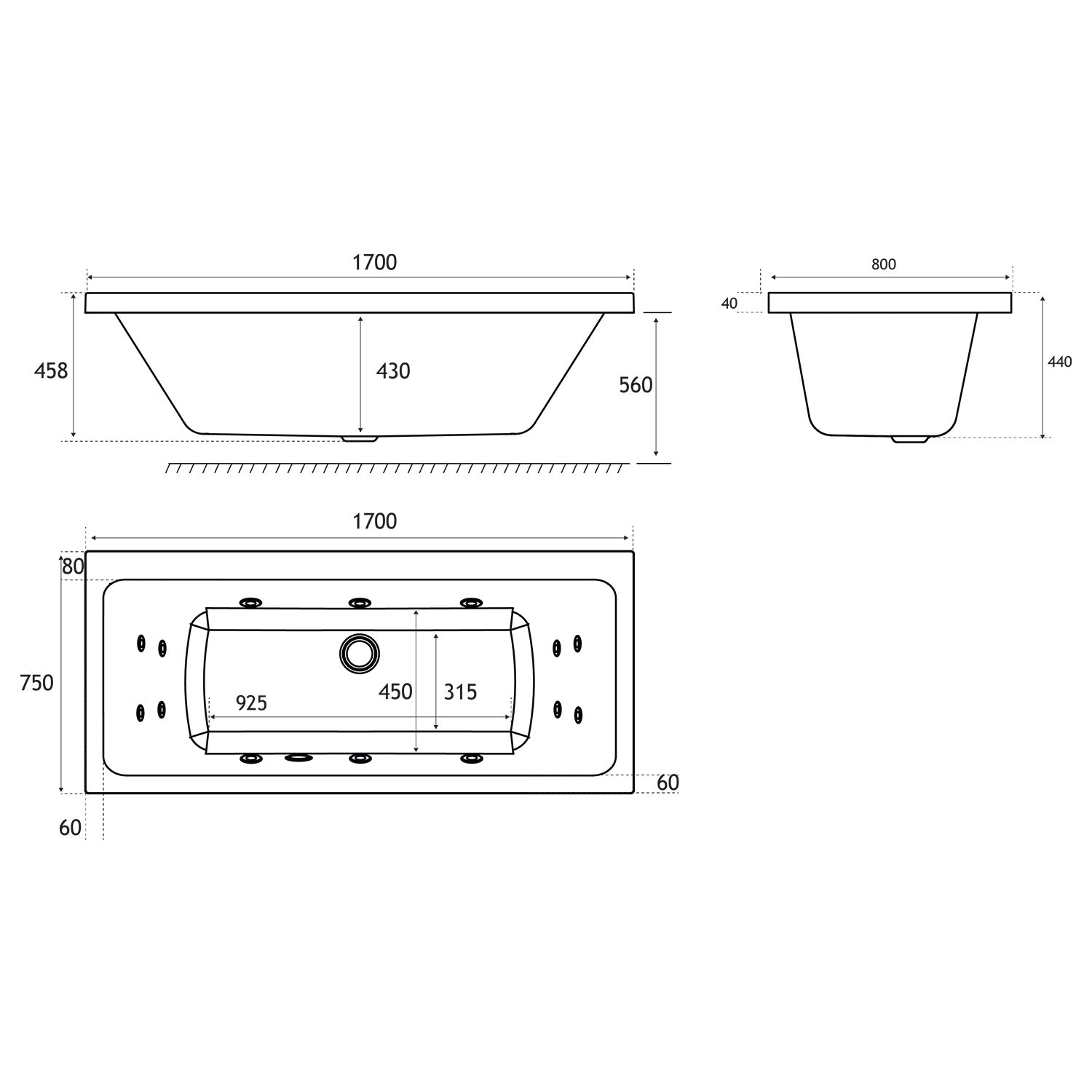 Beaufortè Portland 1700 x 750mm 14 Jet Whirlpool Double Ended Bath in Gloss White dimensions