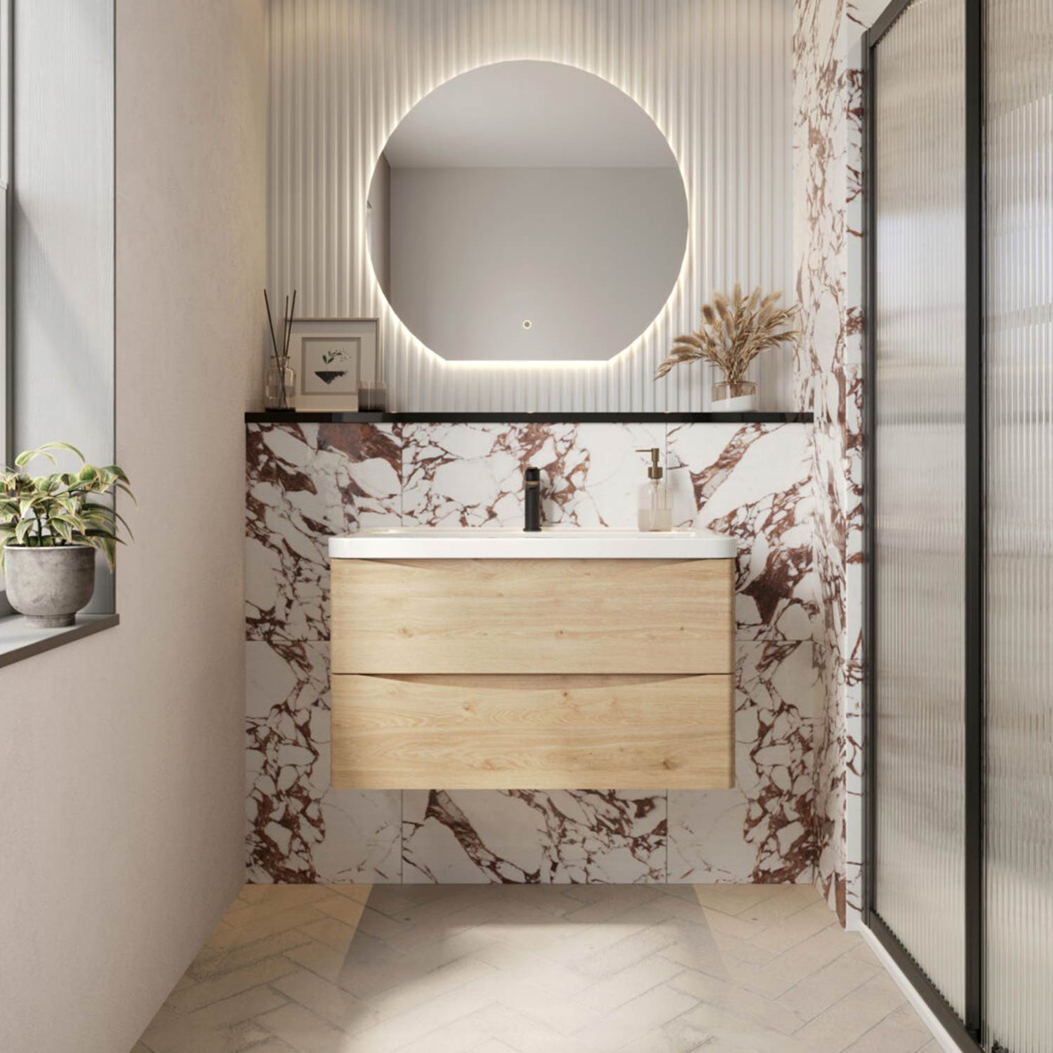 Bella 800mm Davos Oak Wall Mounted Vanity Unit with Basin lifestyle