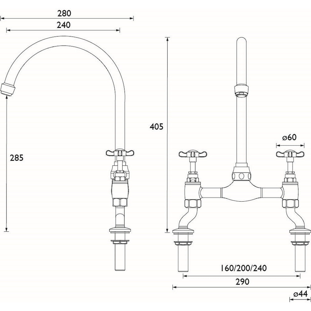 Bristan 1901 Bridge Sink Mixer in Chrome dimensions