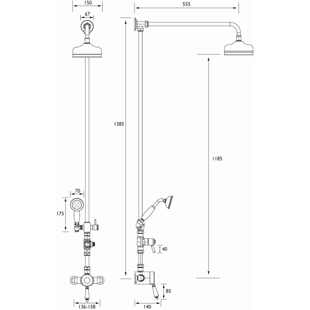 Bristan 1901 Thermostatic Exposed Single Control Shower Valve with Rigid Riser Kit Dimensions