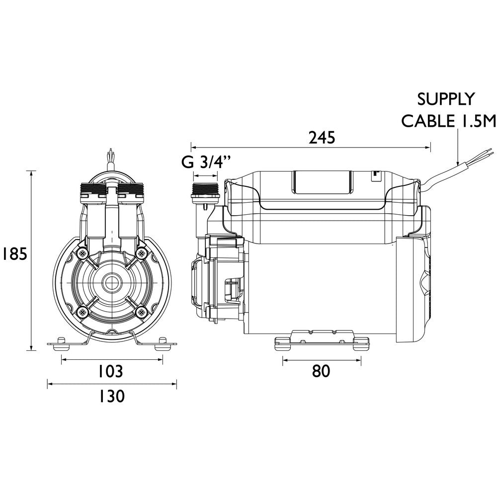 STPUMP20SG Bristan 2.0 Bar Single Ended Shower Pump Powered By Stuart Turner Line Drawing