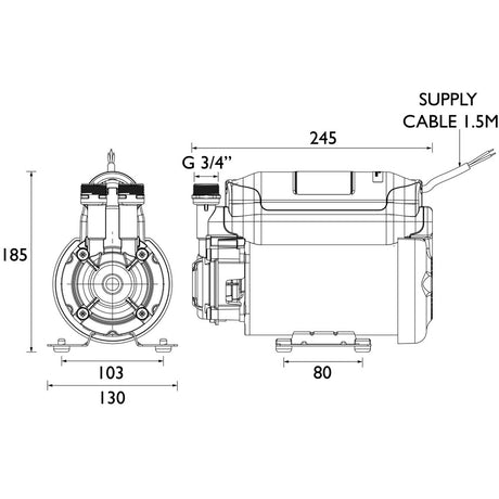 STPUMP20SG Bristan 2.0 Bar Single Ended Shower Pump Powered By Stuart Turner Line Drawing