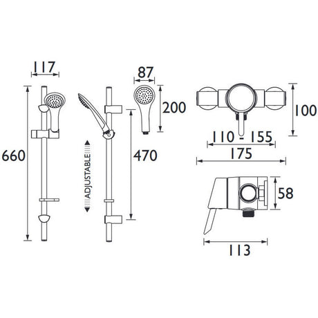 Bristan Acute Chrome Thermostatic Surface Mounted Shower with Shower Kit Dimensions