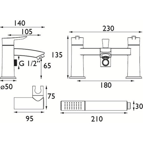 Bristan Apelo Bath Shower Mixer in Black dimensions