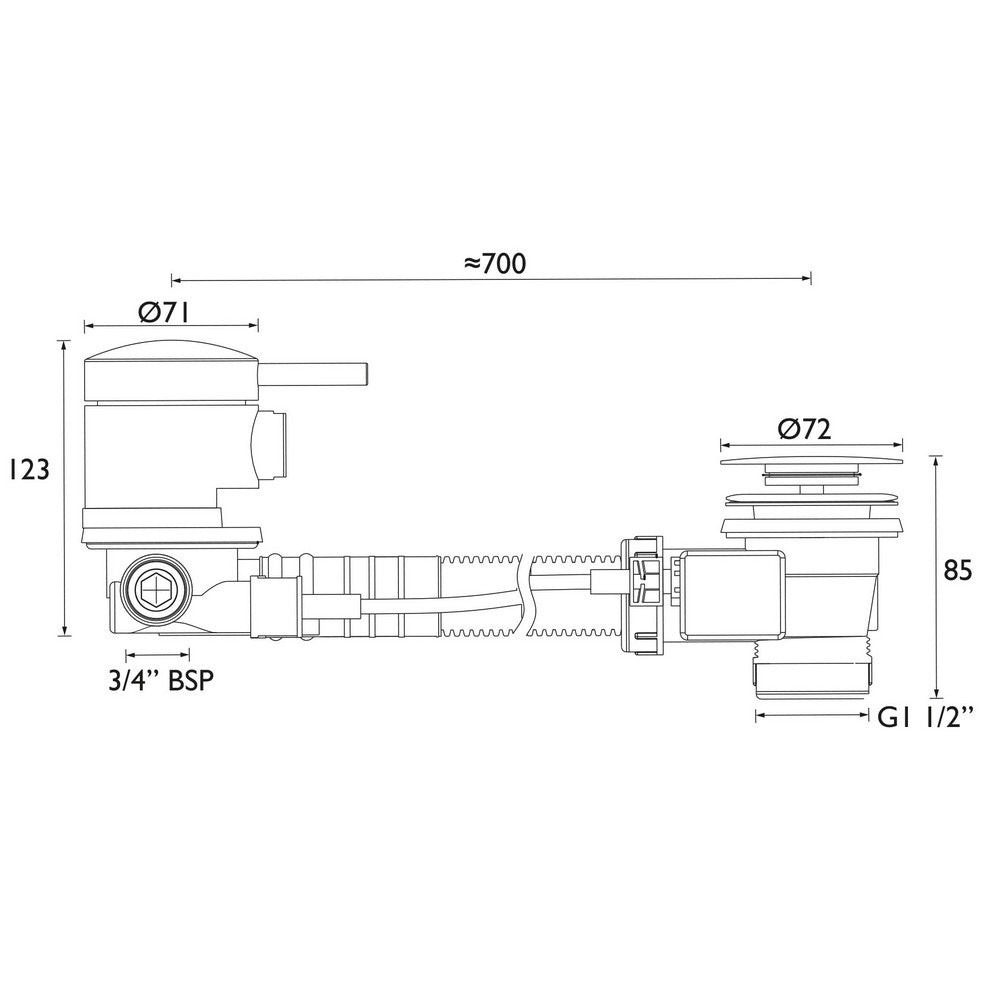 WBATH09C Bristan Bath Filler with Pop Up Waste and Overflow in Chrome Line Drawing