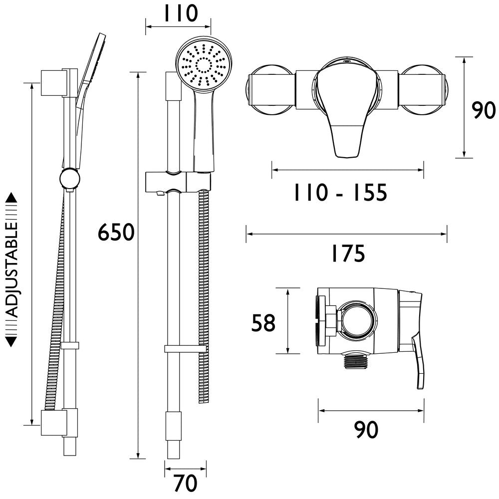 Bristan Capri3 Thermostatic Exposed Shower Valve with Riser Kit Dimensions