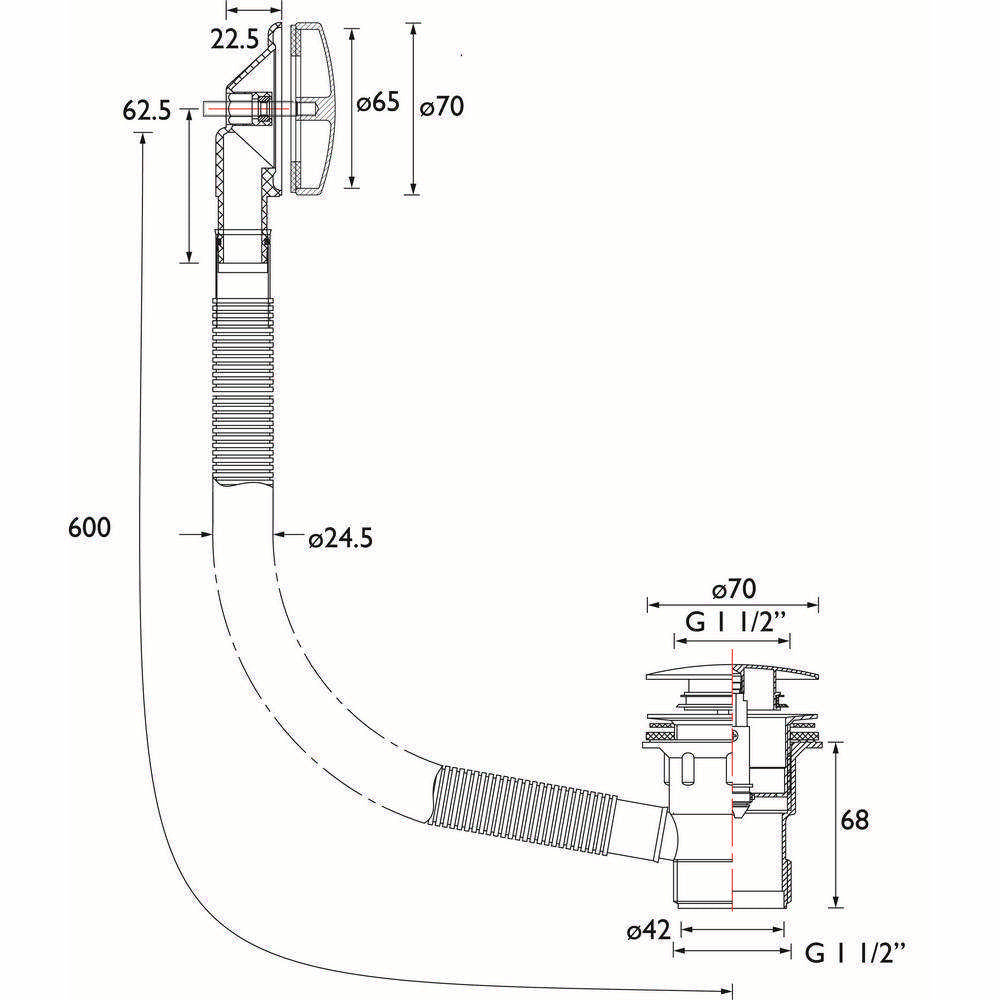 Bristan Clicker Bath Waste with Overflow in Brushed Brass Dimensions