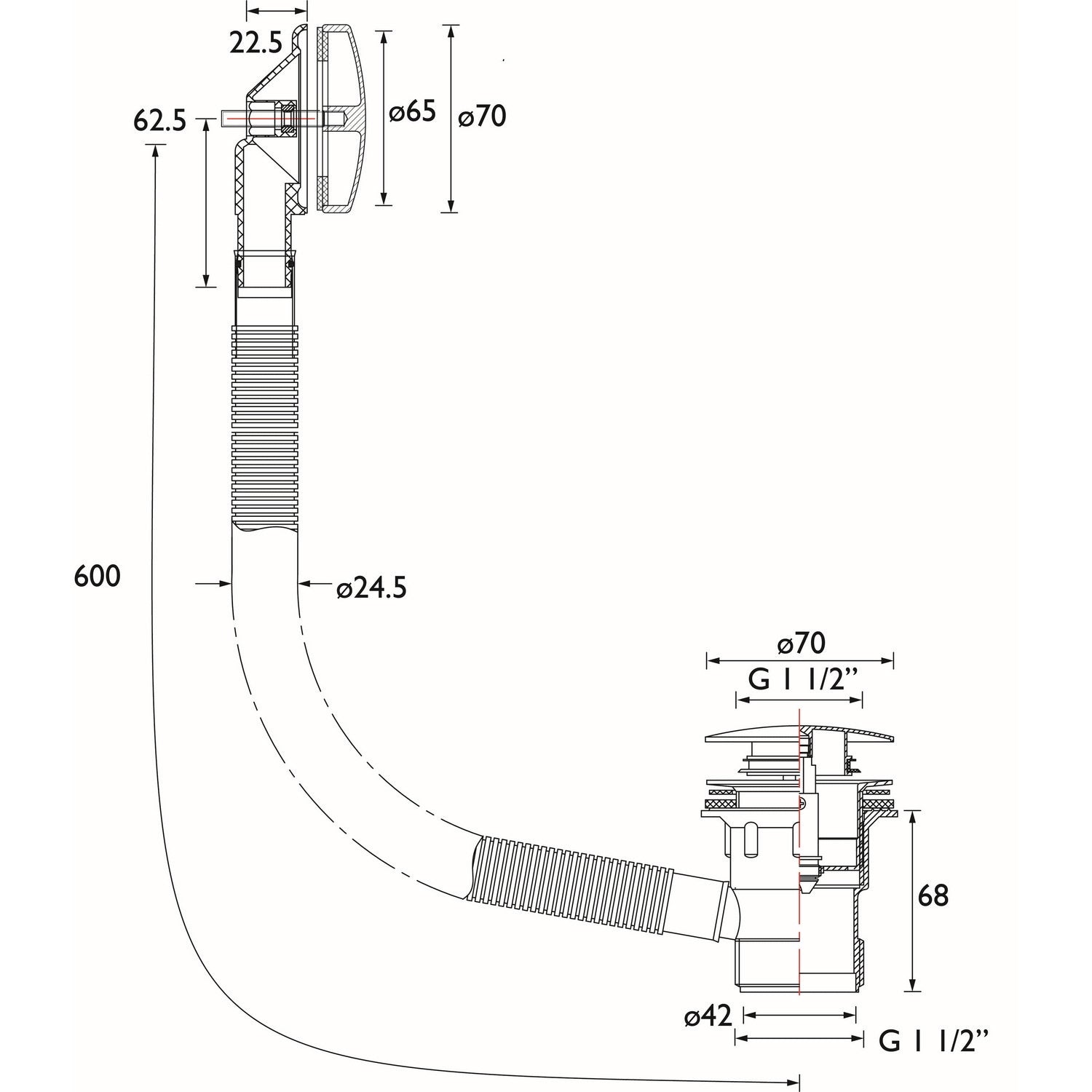 WBATH03GM Bristan Clicker Bath Waste with Overflow in Gunmetal Dimensions